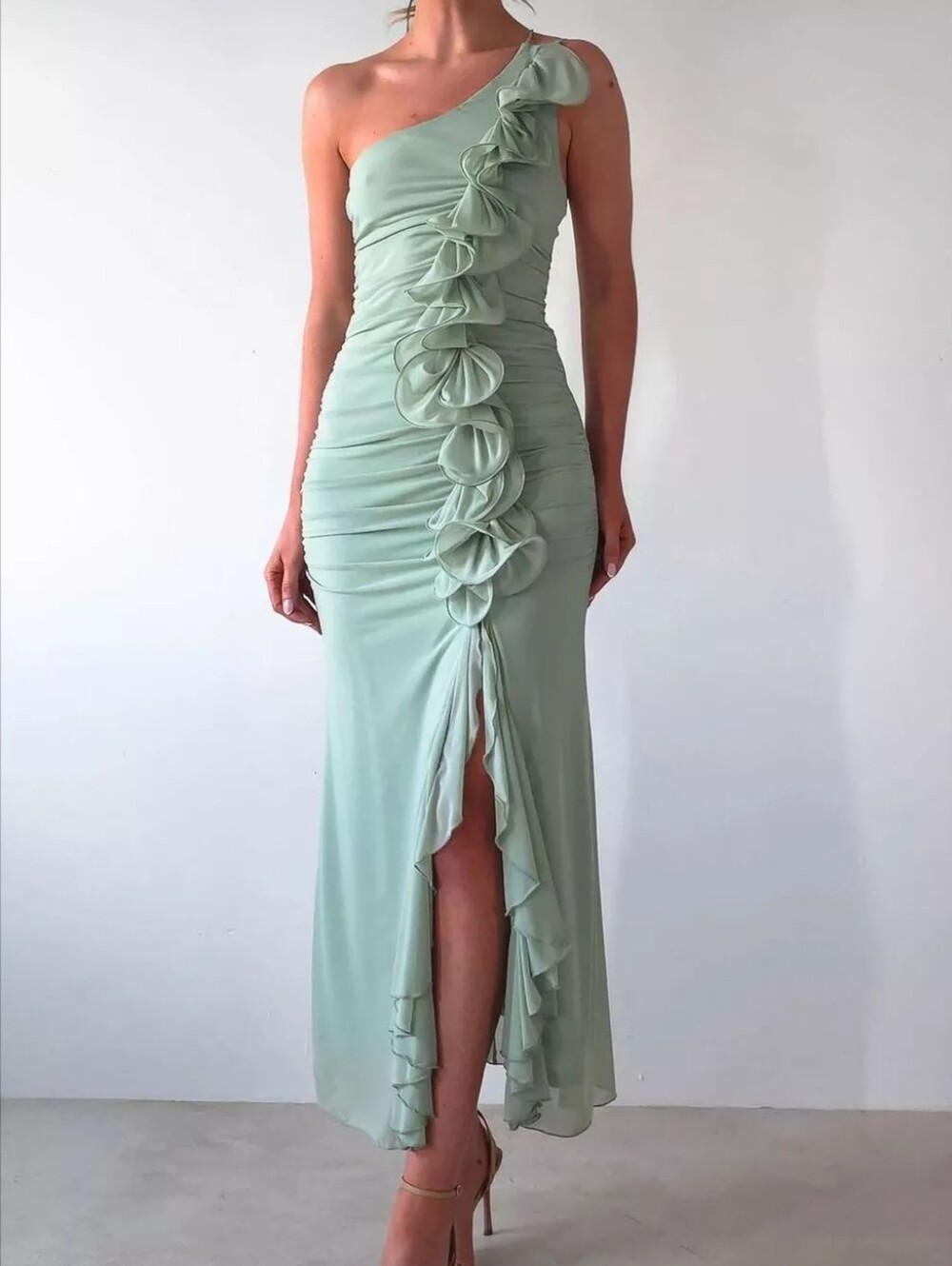One-Shoulder Ruffle Slit Dress - Picture 2 of 5